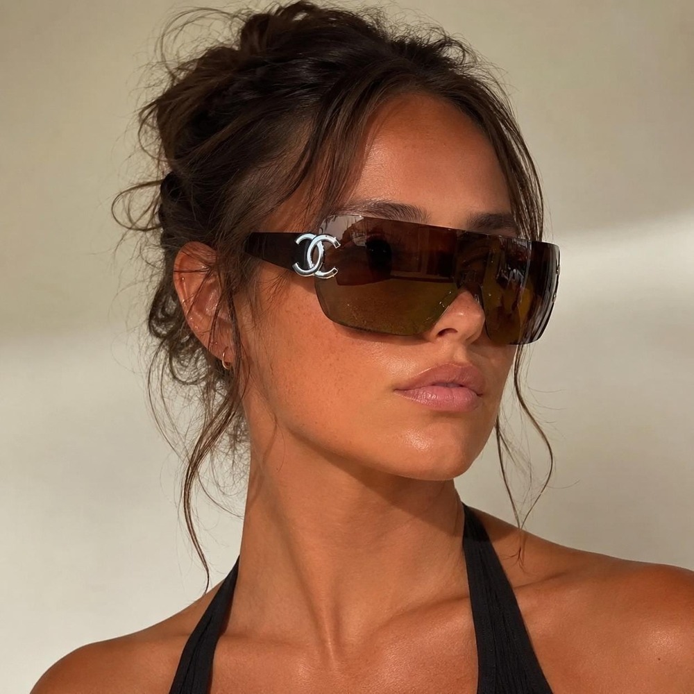 Authentic Chanel 4119 CC Rimless Shield Sunglasses Brown Gradient Italy Y2K COA